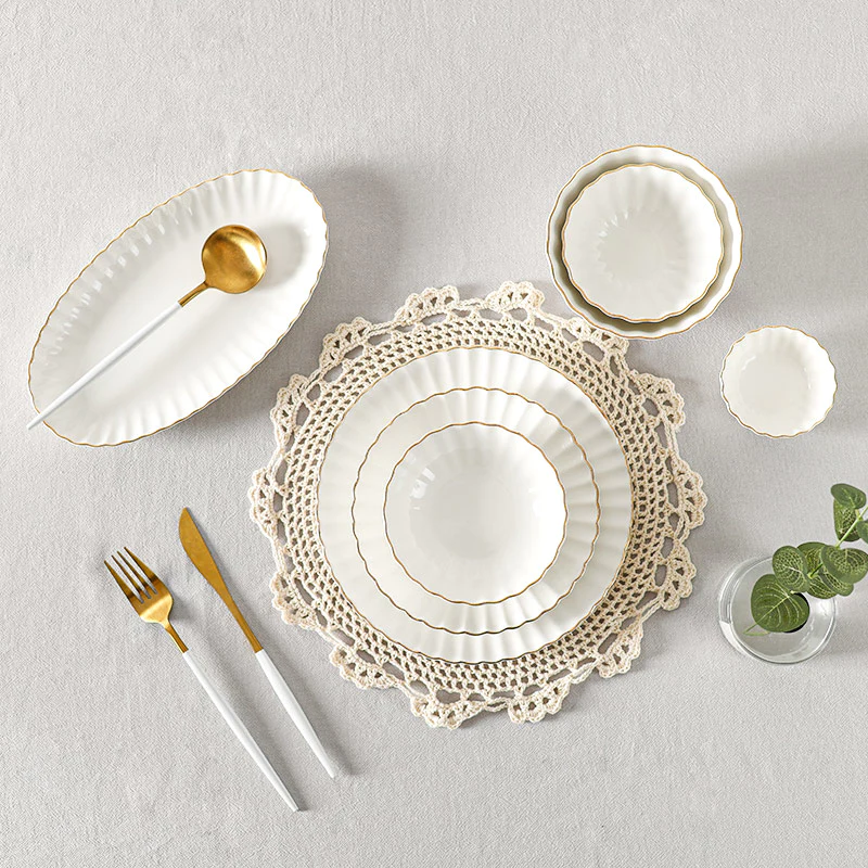 Petal White Collection - 2022 New Design White With Gold Rim Luxurious Porcelain Dinnerware For Hotel, Restaurant, Event...
