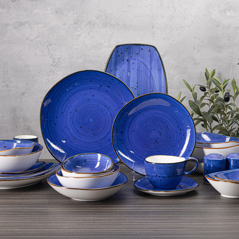 Aura Blue Collection -Blue Unique Hand Painted Glazed Design Porcelain Dinnerware Sets For Hotel, Restaurant, Event...