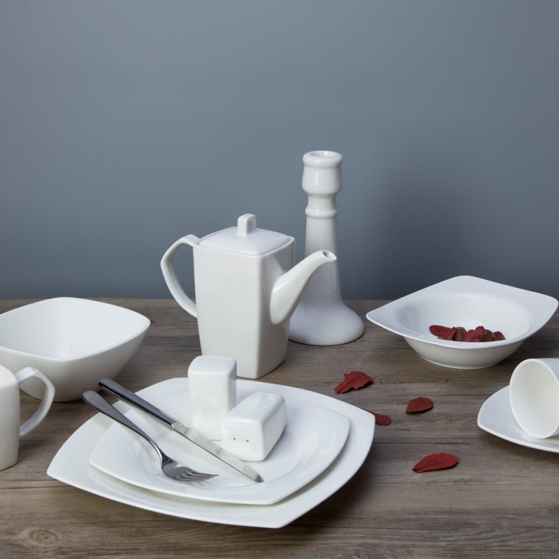 Two Eight Casual Modern Square White Porcelain Dish Set for Hotel - HU BIAN SERIES White Porcelain Dinner Set image27