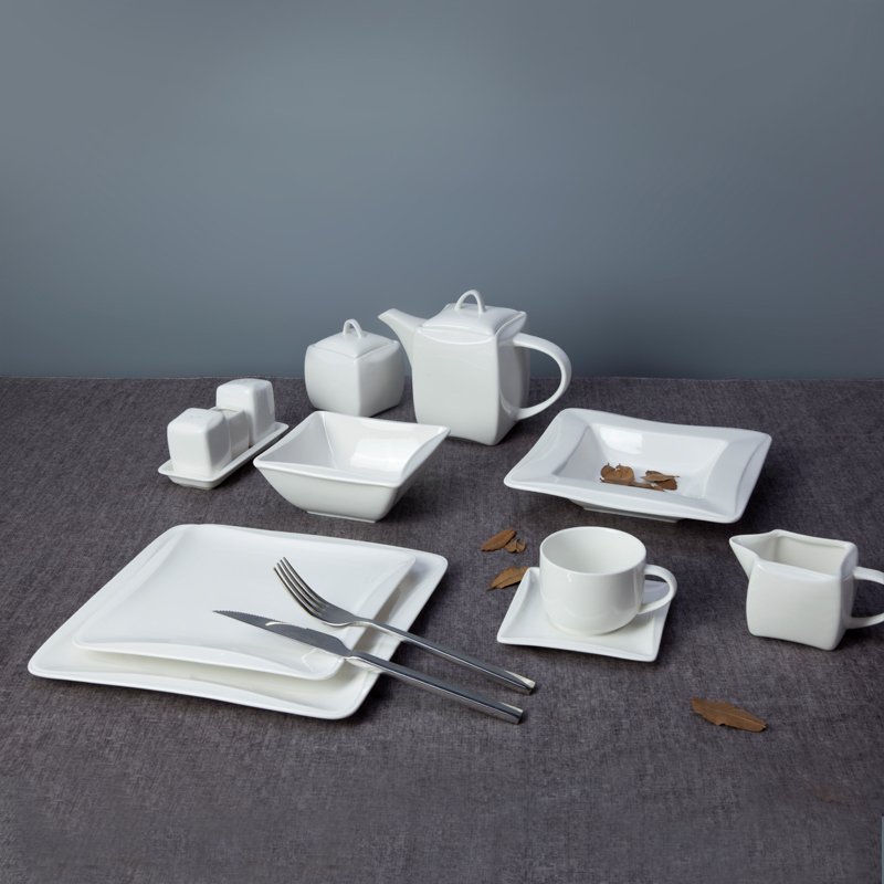 Two Eight French Style Square White Porcelain Dinnerware Sets for Bistro  - SHOU BIAN SERIES White Porcelain Dinner Set image23