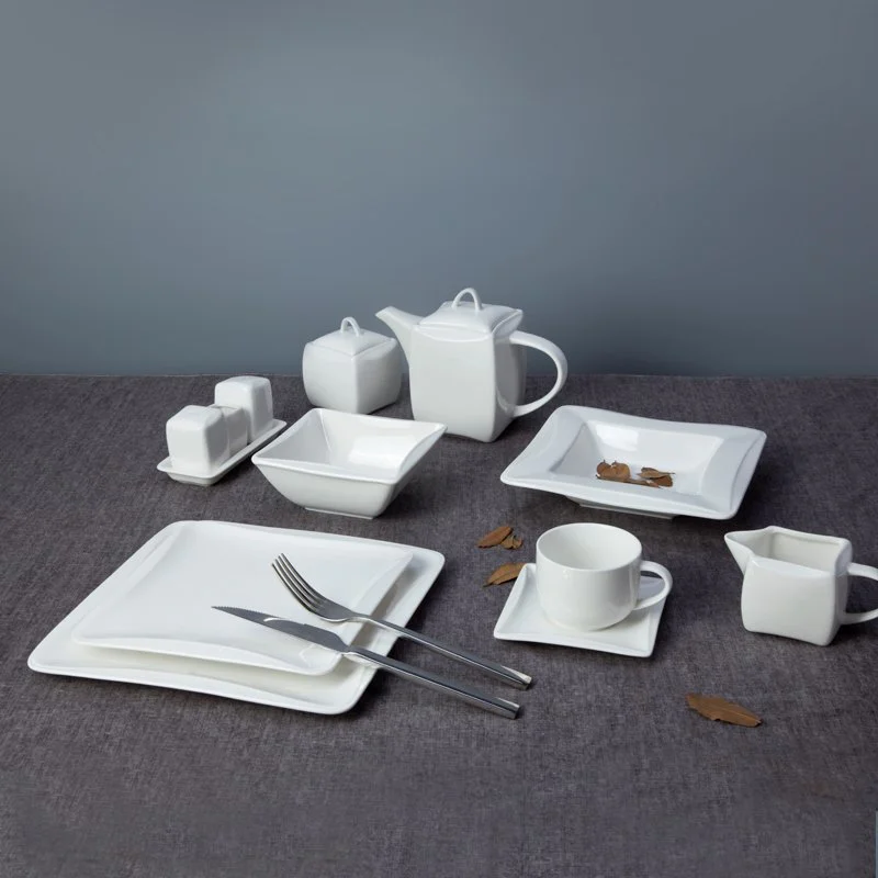 French Style Square White Porcelain Dinnerware Sets for Bistro  - TW09