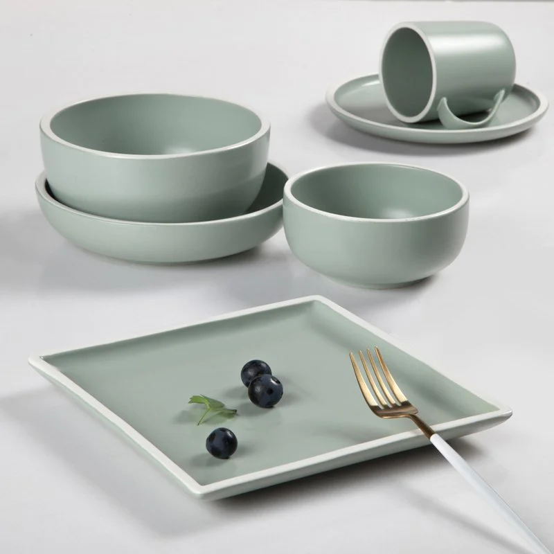 Contemporary Style Jade Green Color Porcelain Dinner Set With White Rim - TC08