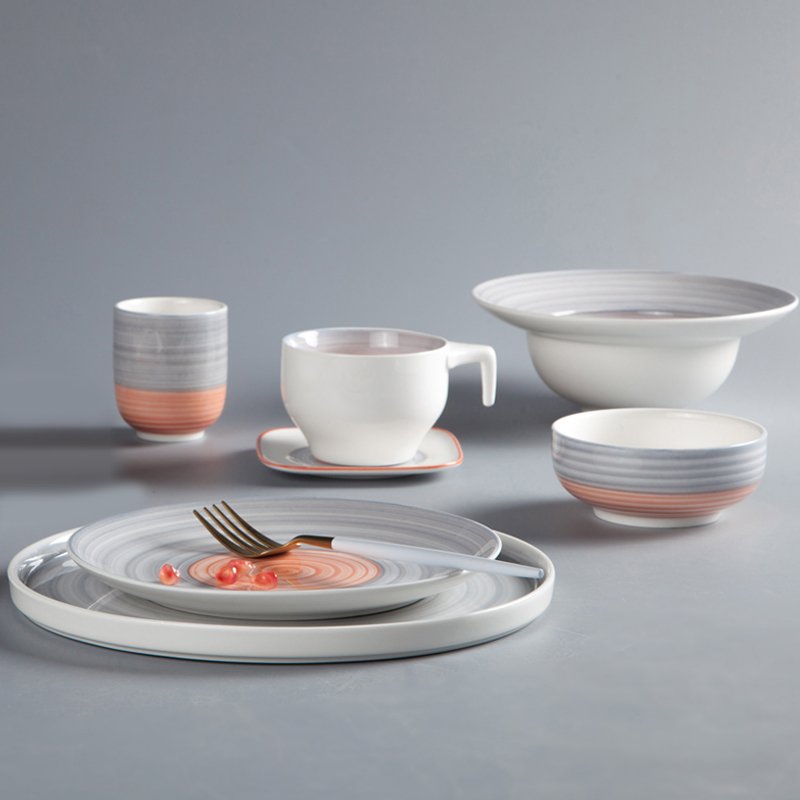 Two Eight German Style Color Porcelain Dinner Set With Embossed Line & Oragne Rim - CAI HONG SERIES 2 Colored Porcelain Dinner Set image19