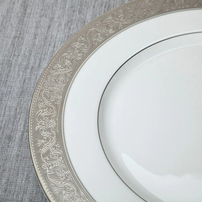 Contemporary Style White Round Fine china Dinnerware with Silver Grey Decal - TD01