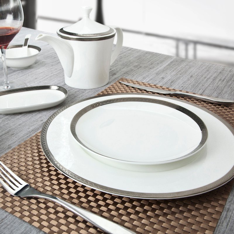 Modern Style White Round Fine Bone china Dinnerware With Silver Grey Rim - TD03