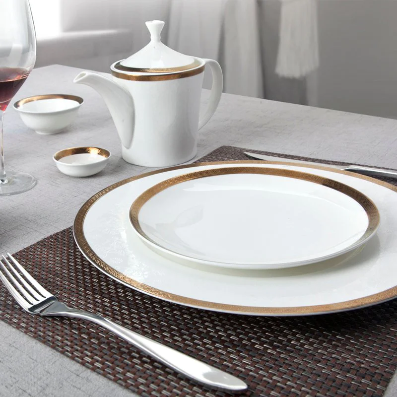 Casual Style White Fine Bone china Dinnerware With Gloden Decal Rim - TD04