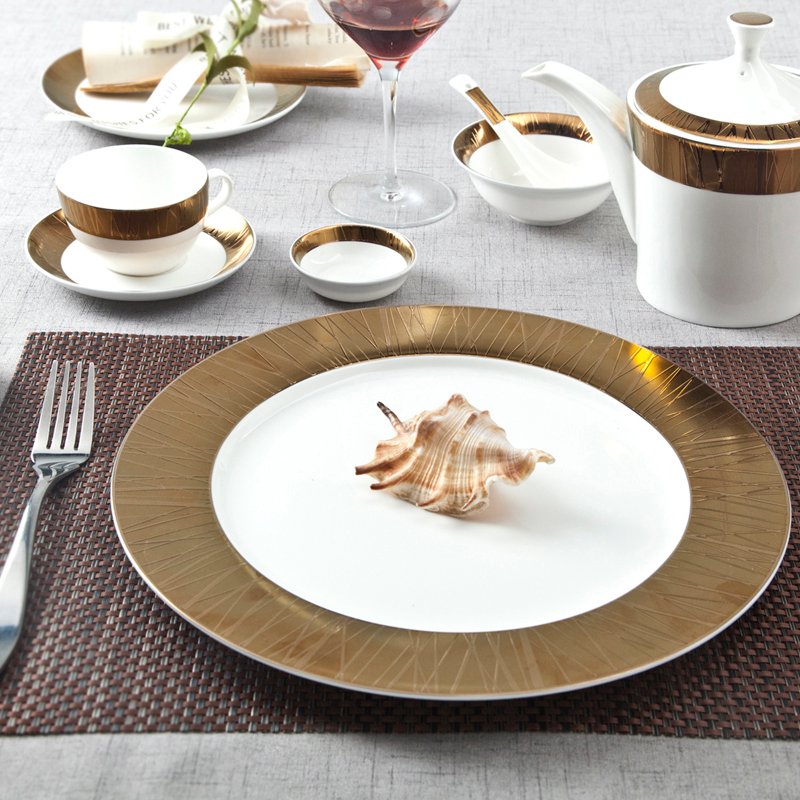 Two Eight Golden And White  Porcelain Fine Bone china Dinnerware With Embossed Rim - SJB-H071 SERIES Fine china Dinnerware image5