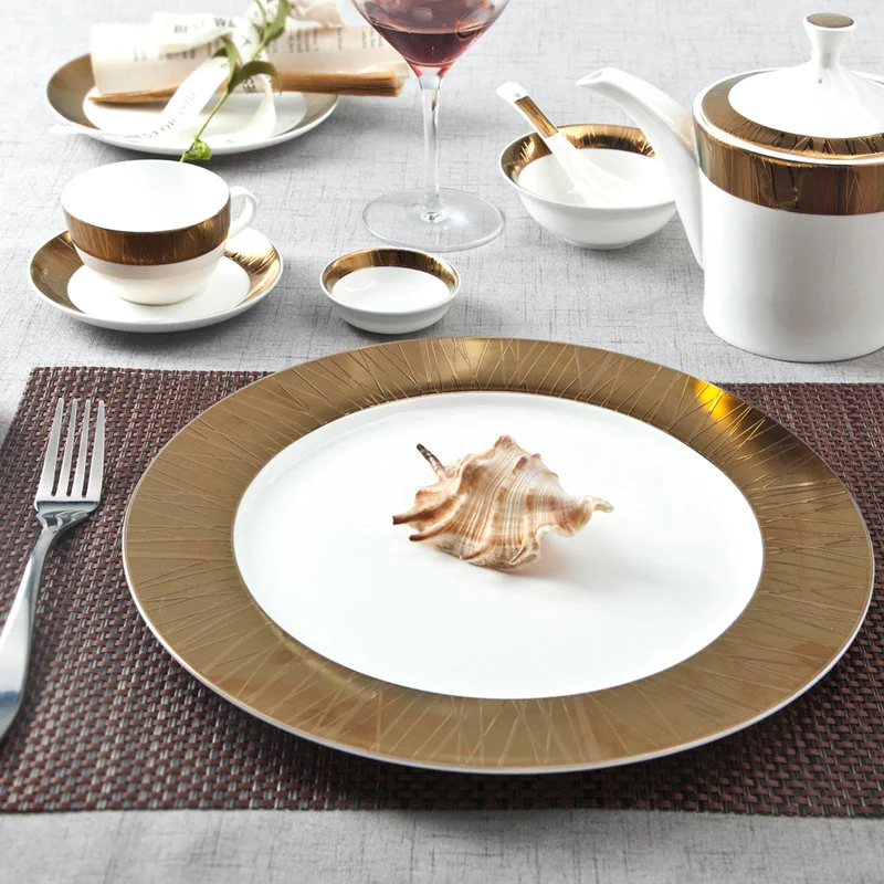 Golden And White  Porcelain Fine Bone china Dinnerware With Embossed Rim - TD08