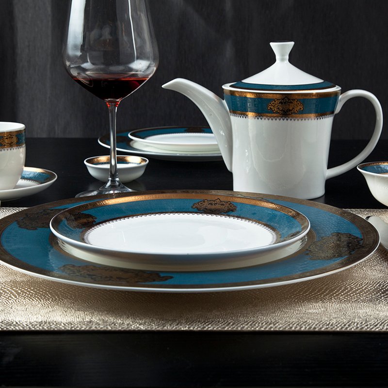 Royalty Style Fine Porcelain Dinnerware With Blue & Gold Decal Rim - TD10