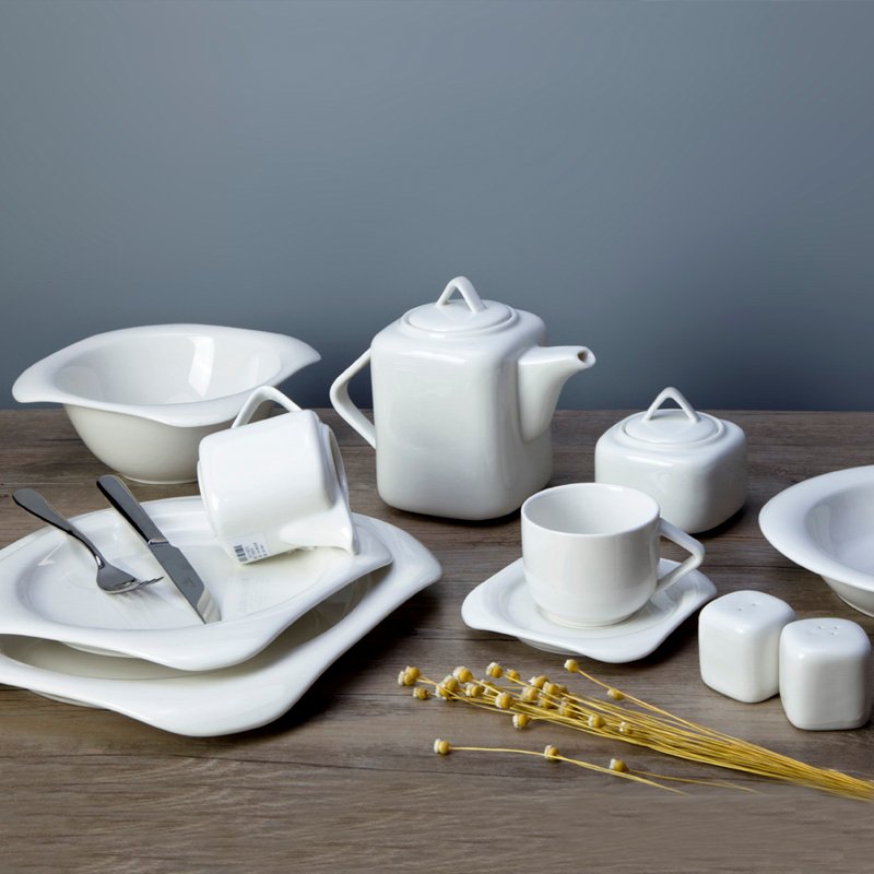 11 Piece Restaurant Modern White Porcelain Dinnerware - Two Eight