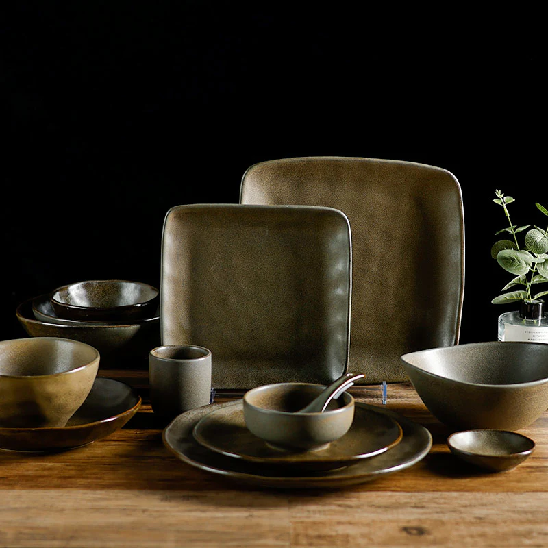 Gloire Collection - 2022 New Design Matt Dark Grey Unique Textured Porcelain Dinnerware Sets.
