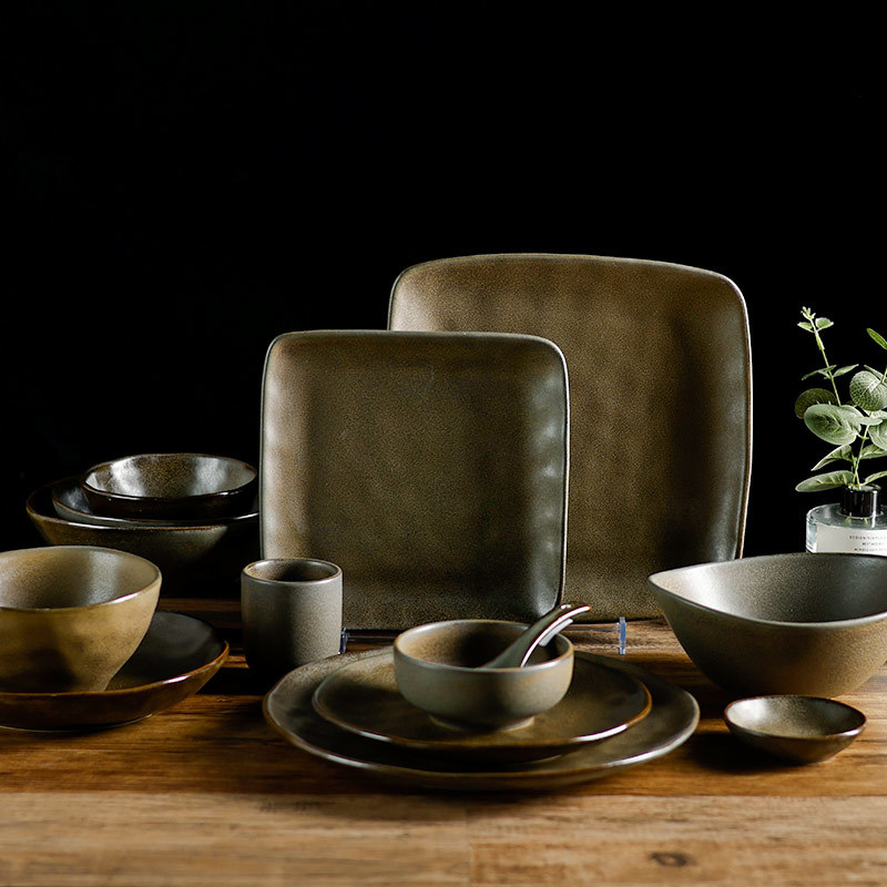 Gloire Collection - 2022 New Design Matt Dark Grey Unique Textured Porcelain Dinnerware Sets.